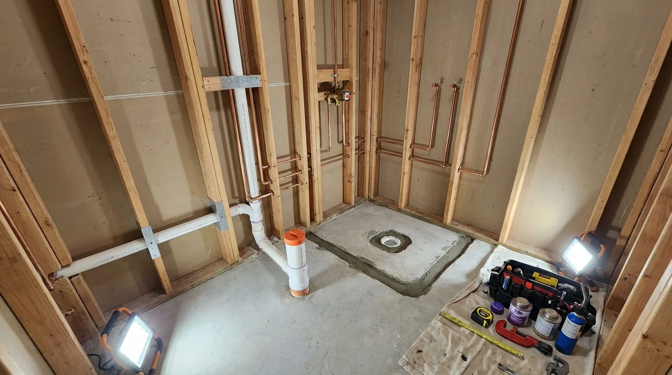 Bathroom rough-in plumbing during remodel by Johns Plumbing LLC in Merced