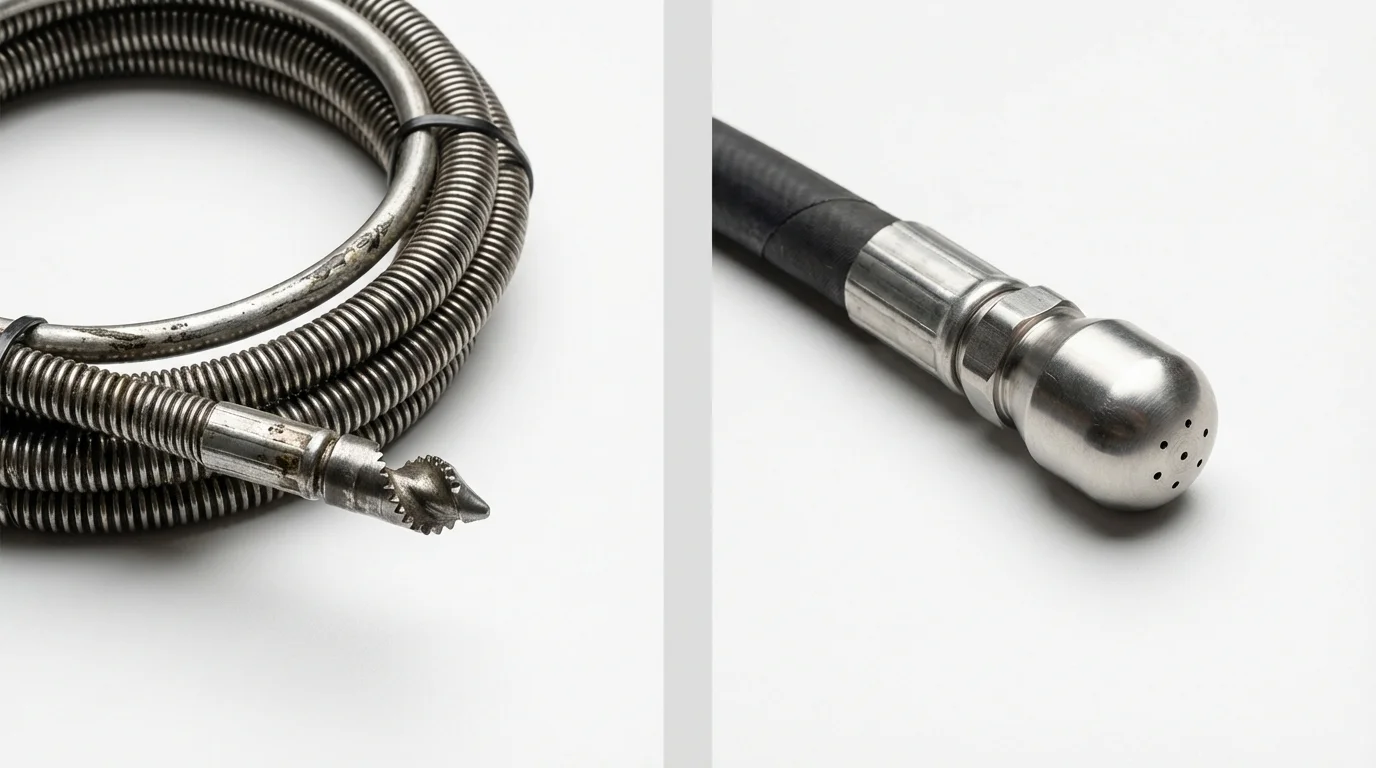 Drain snake cable and hydro jetting nozzle used for drain cleaning in Merced, CA