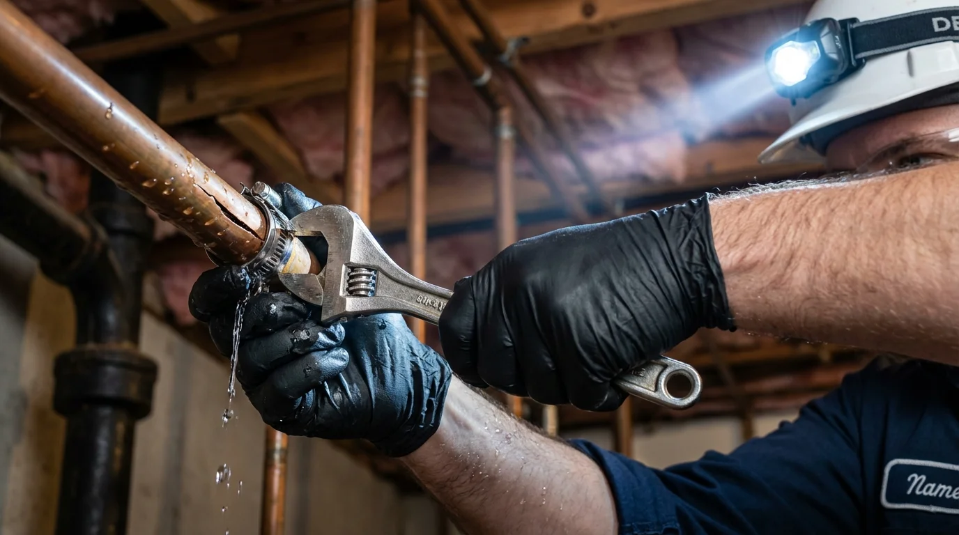 Emergency pipe clamp repair being performed by a Johns Plumbing LLC plumber in Merced