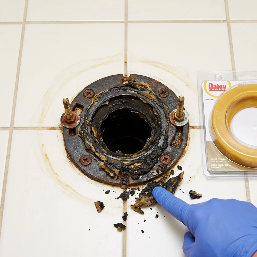 Failed wax ring showing water seepage at the base of a toilet in a Merced, CA home