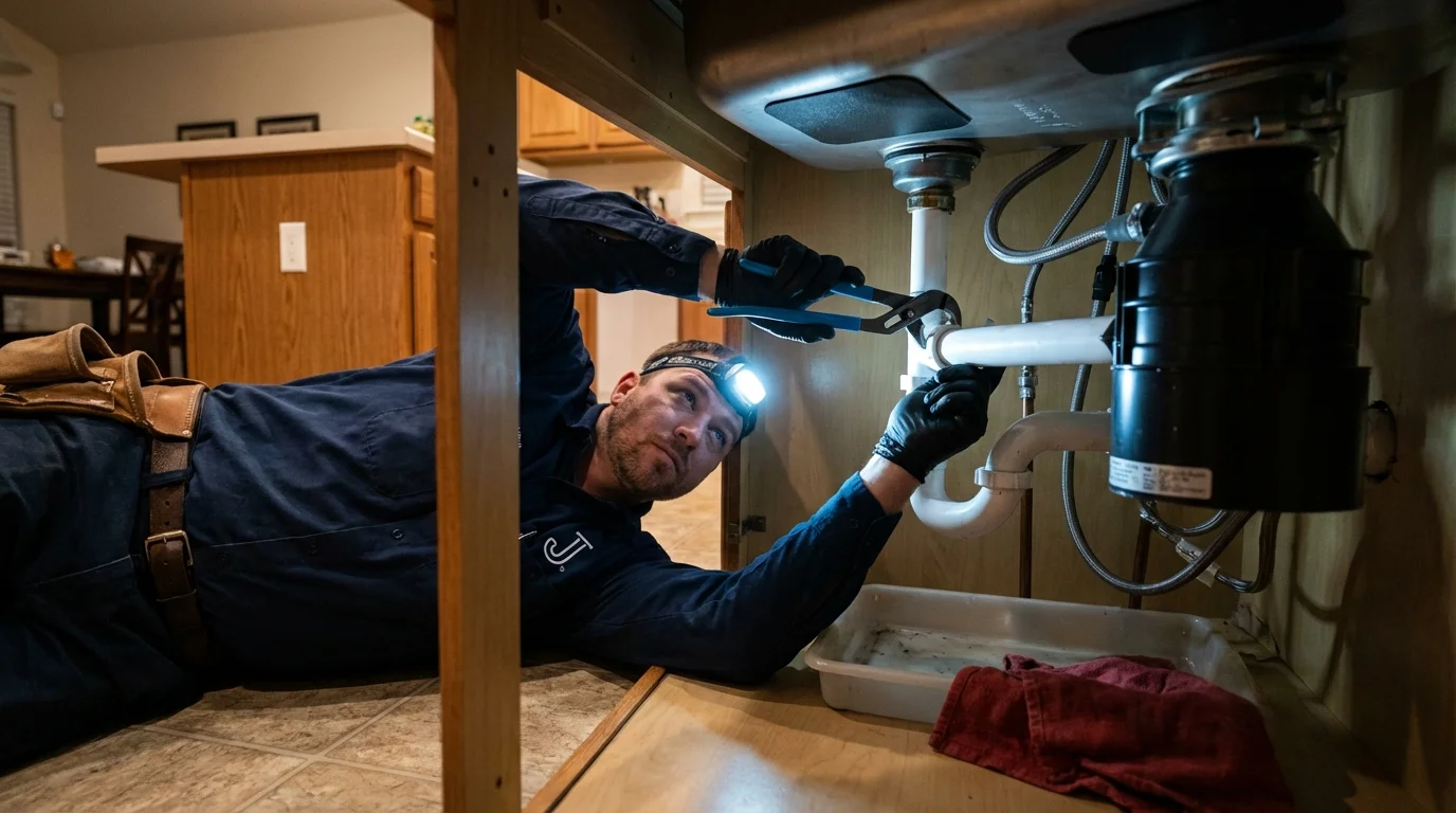 P-trap and supply line connections under a kitchen sink showing a common leak point in Merced, CA